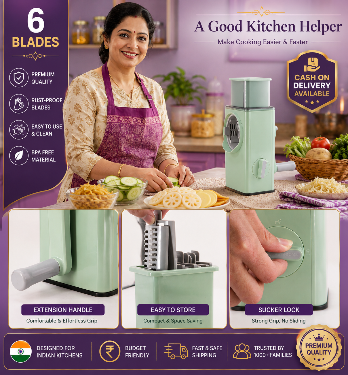 Multifunctional Stainless Steel Vegetable Slicer & Dicer with 6 Blades