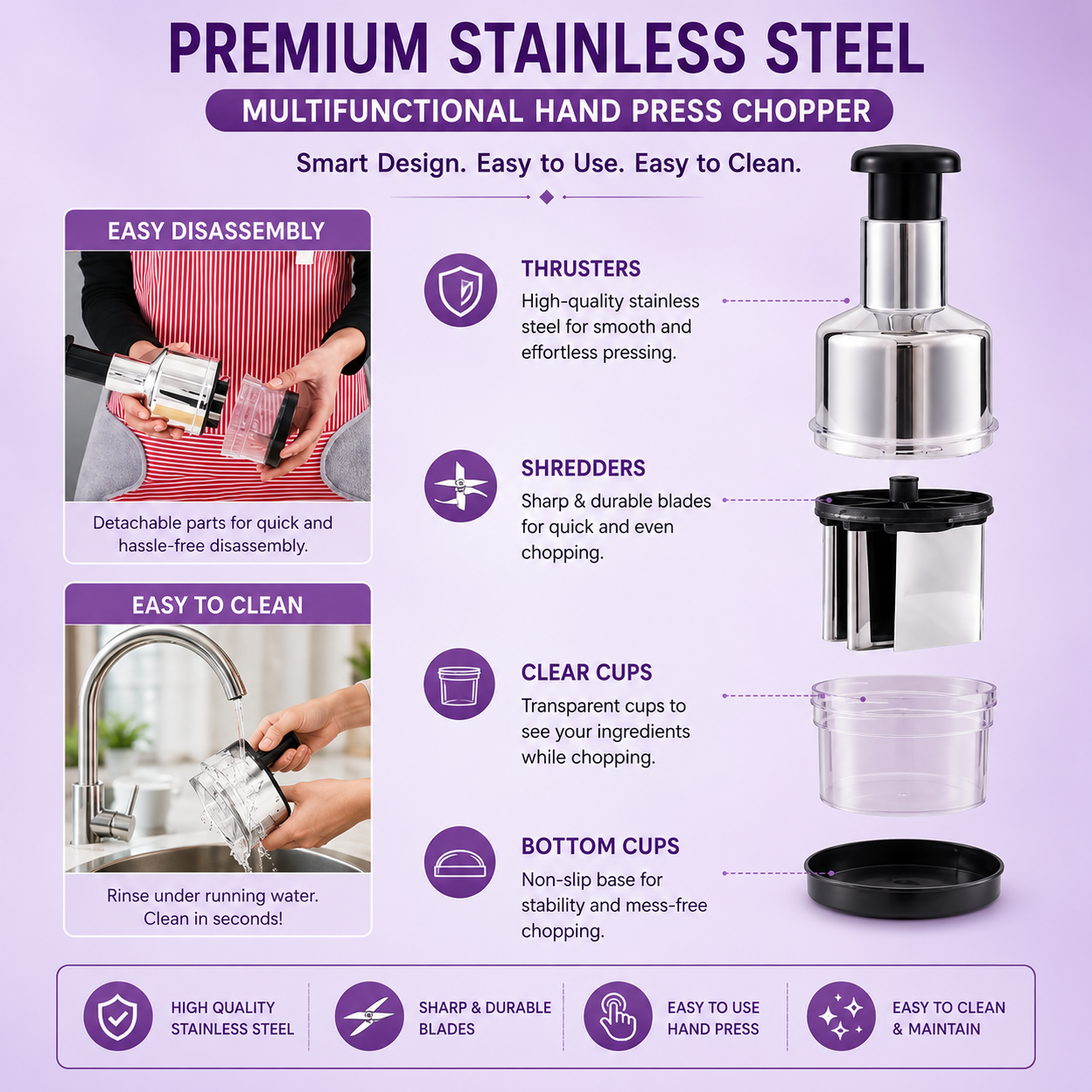 QuickChef Pro Stainless Steel Push Chopper - Cut Veggies in 5 Seconds