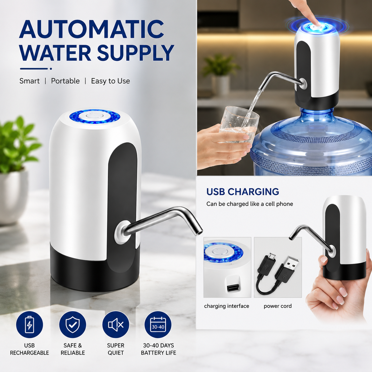 AquaFlow USB Rechargeable Automatic Water Dispenser Pump for 20L Water Bottles (1 Pc)