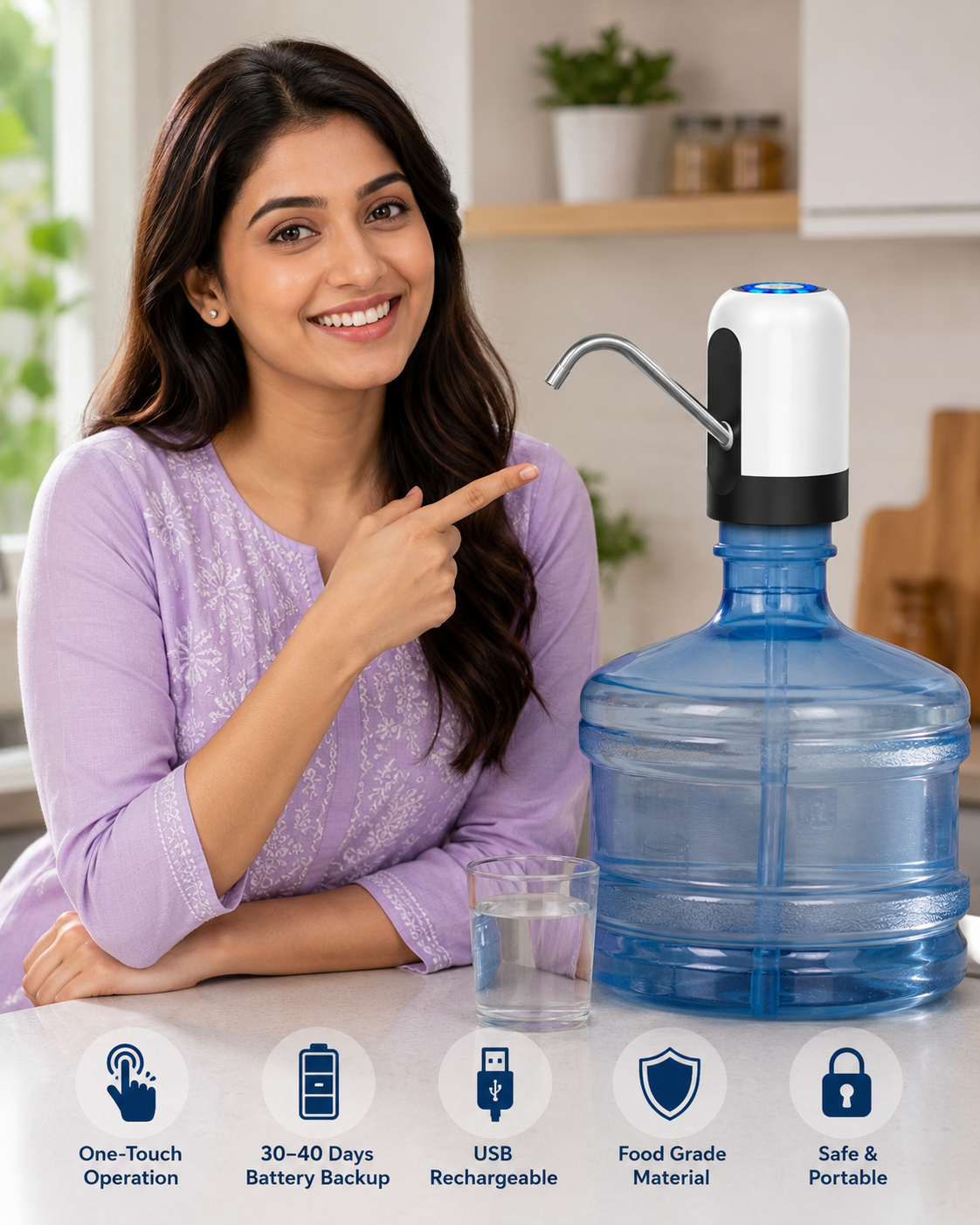 AquaFlow USB Rechargeable Automatic Water Dispenser Pump for 20L Water Bottles (1 Pc)
