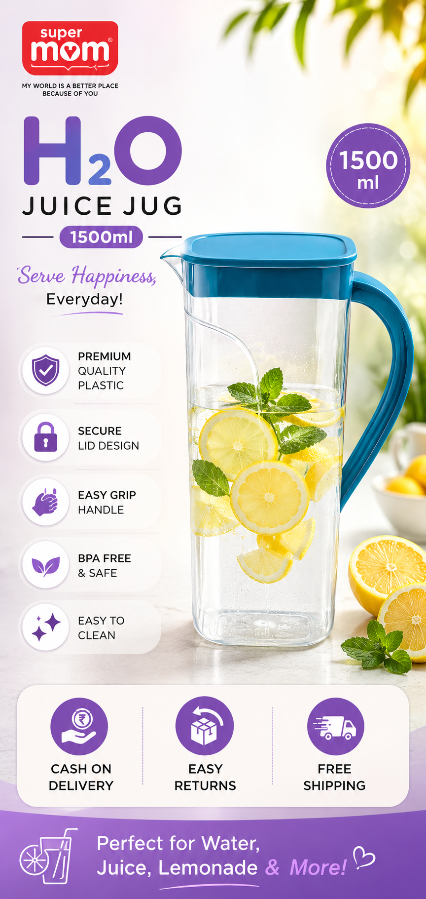 Supermom Plastic H2O Juice Jug – 1500ml