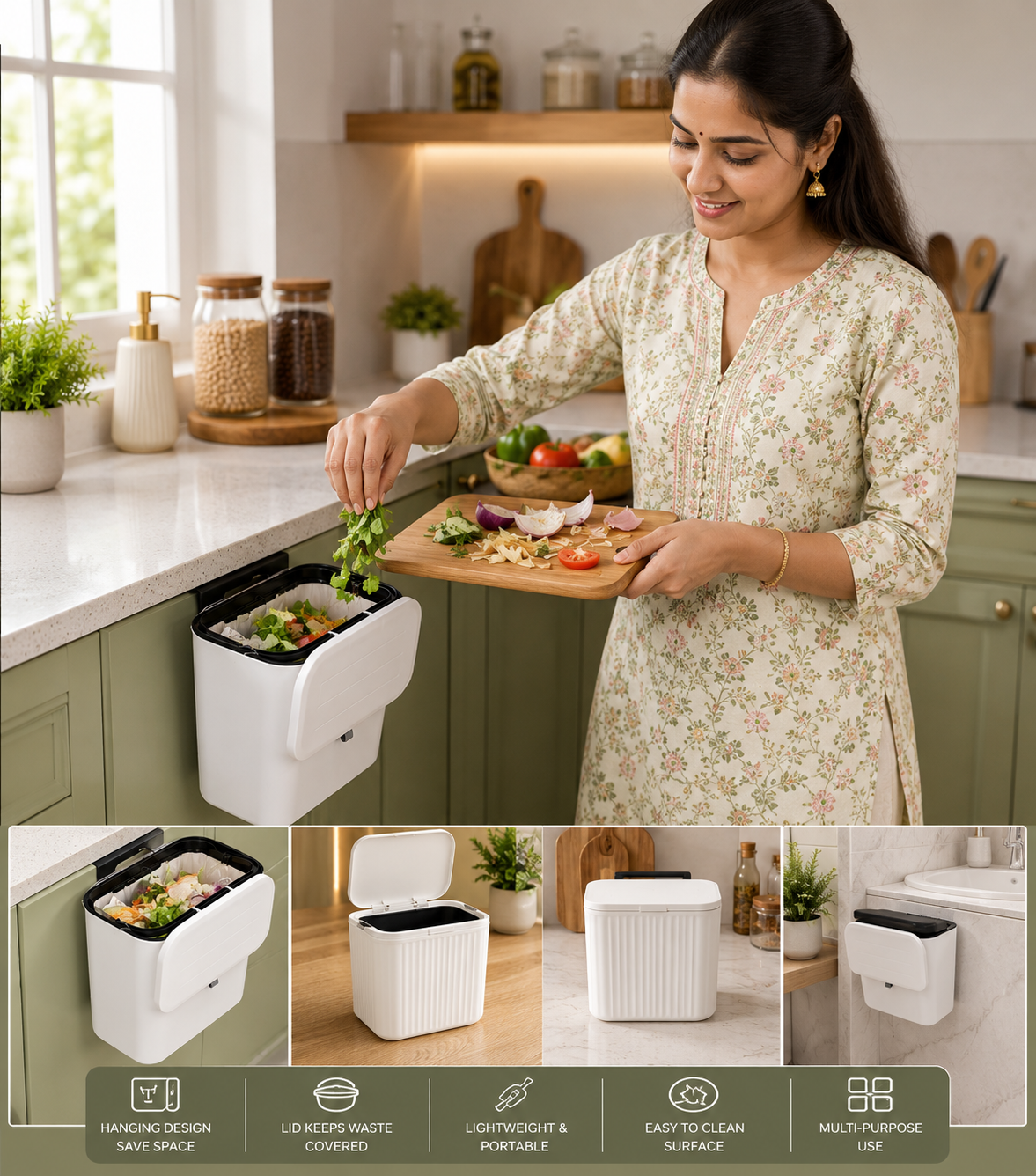 Portable Hanging Kitchen Dustbin with Lid