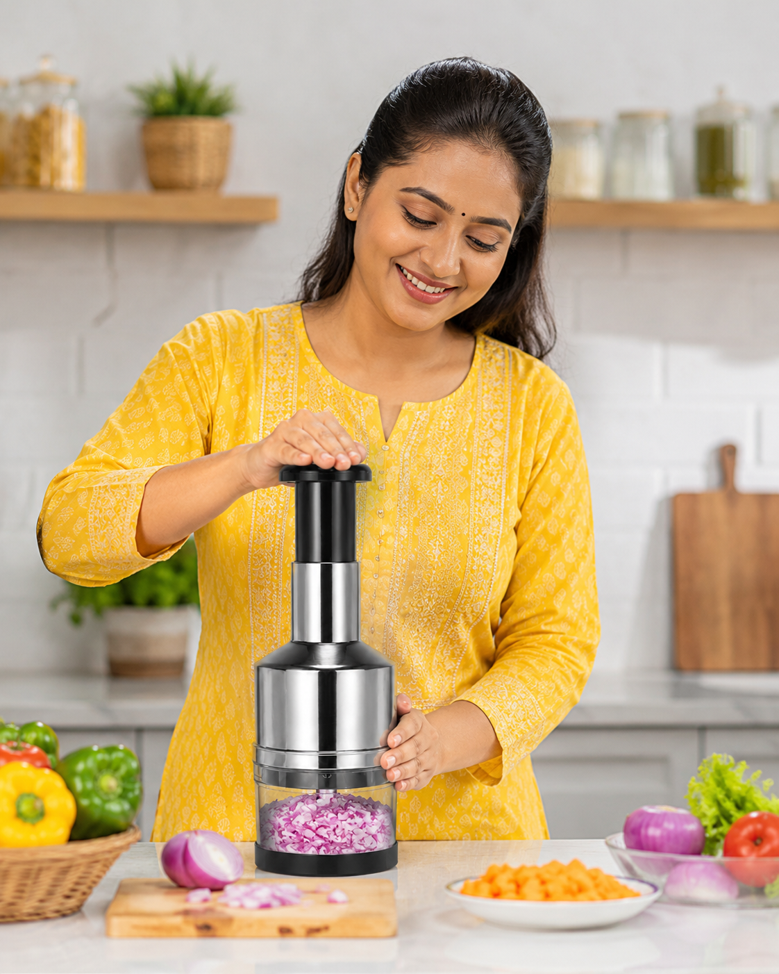 QuickChef Pro Stainless Steel Push Chopper - Cut Veggies in 5 Seconds