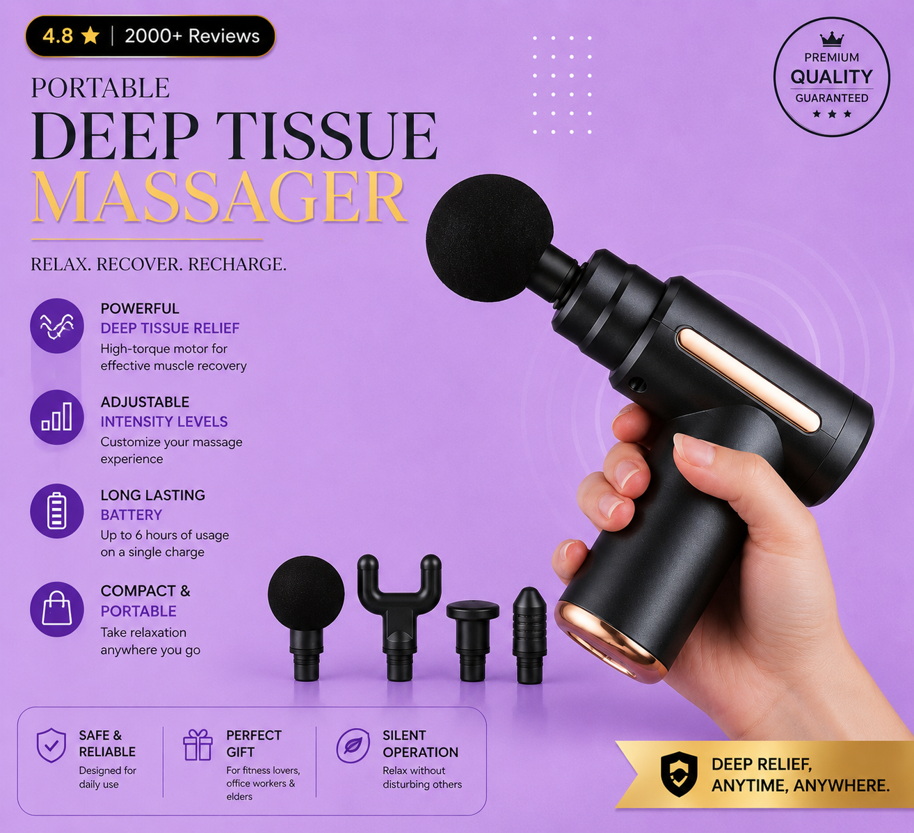 Deep Tissue Massage Gun 3200 RPM - Back, Neck, Leg Pain Relief