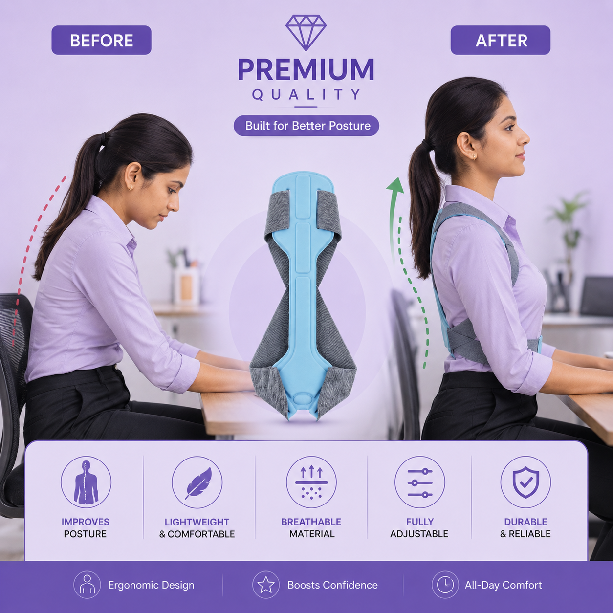 Back Straight Posture Corrector Belt - Upper Back & Shoulder Support for Office Pain | Large Size, 1 Pc